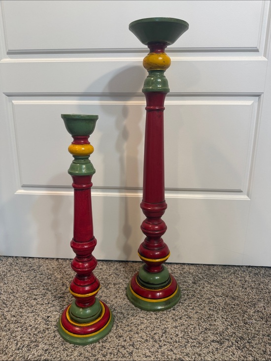 Handmade Other - Old Germany Judaica Hand Carved & Painted Wooden Shabbat Candlesticks Red Multi